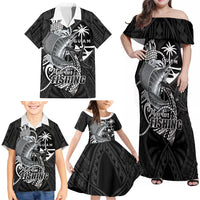 Guam Blue Marlin Fishing Family Matching Off Shoulder Maxi Dress and Hawaiian Shirt Guahan Fish Hook Tattoo Black Version