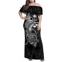 Guam Blue Marlin Fishing Family Matching Off Shoulder Maxi Dress and Hawaiian Shirt Guahan Fish Hook Tattoo Black Version