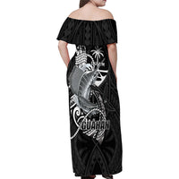 Guam Blue Marlin Fishing Family Matching Off Shoulder Maxi Dress and Hawaiian Shirt Guahan Fish Hook Tattoo Black Version