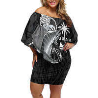 Guam Blue Marlin Fishing Family Matching Off Shoulder Short Dress and Hawaiian Shirt Guahan Fish Hook Tattoo Black Version