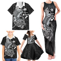 Guam Blue Marlin Fishing Family Matching Tank Maxi Dress and Hawaiian Shirt Guahan Fish Hook Tattoo Black Version