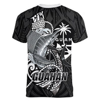 Guam Blue Marlin Fishing Women V-Neck T-Shirt Guahan Fish Hook Tattoo Black Version LT14 - Polynesian Pride