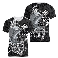 Guam Blue Marlin Fishing Women V-Neck T-Shirt Guahan Fish Hook Tattoo Black Version LT14 - Polynesian Pride