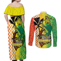 Hawaii Blue Marlin Fishing Couples Matching Off Shoulder Maxi Dress and Long Sleeve Button Shirt Hawaiian Kanaka Kakau Reggae