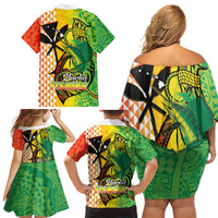Hawaii Blue Marlin Fishing Family Matching Off Shoulder Short Dress and Hawaiian Shirt Hawaiian Kanaka Kakau Reggae
