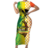 Hawaii Blue Marlin Fishing Family Matching Short Sleeve Bodycon Dress and Hawaiian Shirt Hawaiian Kanaka Kakau Reggae LT14 Mom's Dress Reggae - Polynesian Pride