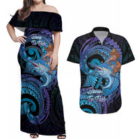 Personalised Blue Marlin Fishing New Zealand Couples Matching Off Shoulder Maxi Dress and Hawaiian Shirt NZ Kiwi Cowboy Born To Fish