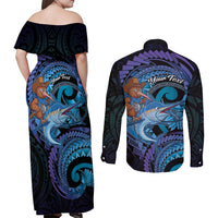 Personalised Blue Marlin Fishing New Zealand Couples Matching Off Shoulder Maxi Dress and Long Sleeve Button Shirt NZ Kiwi Cowboy Born To Fish
