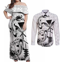 Japan And Hawaii Couples Matching Off Shoulder Maxi Dress and Long Sleeve Button Shirt Sakura Koi Fish Hawaiian Lei Kanaka - Polynesian Pride