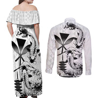 Japan And Hawaii Couples Matching Off Shoulder Maxi Dress and Long Sleeve Button Shirt Sakura Koi Fish Hawaiian Lei Kanaka - Polynesian Pride