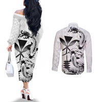 Japan And Hawaii Couples Matching Off The Shoulder Long Sleeve Dress and Long Sleeve Button Shirt Sakura Koi Fish Hawaiian Lei Kanaka - Polynesian Pride