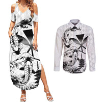 Japan And Hawaii Couples Matching Summer Maxi Dress and Long Sleeve Button Shirt Sakura Koi Fish Hawaiian Lei Kanaka - Polynesian Pride
