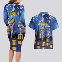 Japan Obon Festival Couples Matching Long Sleeve Bodycon Dress and Hawaiian Shirt Sakura Lanterns With Bon Dance - Polynesian Pride