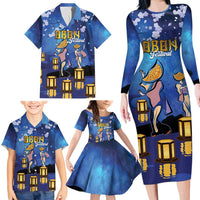 Japan Obon Festival Family Matching Long Sleeve Bodycon Dress and Hawaiian Shirt Sakura Lanterns With Bon Dance - Polynesian Pride
