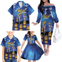 Japan Obon Festival Family Matching Off The Shoulder Long Sleeve Dress and Hawaiian Shirt Sakura Lanterns With Bon Dance - Polynesian Pride