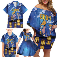 Japan Obon Festival Family Matching Off Shoulder Short Dress and Hawaiian Shirt Sakura Lanterns With Bon Dance - Polynesian Pride