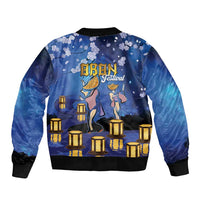 Japan Obon Festival Sleeve Zip Bomber Jacket Sakura Lanterns With Bon Dance - Polynesian Pride