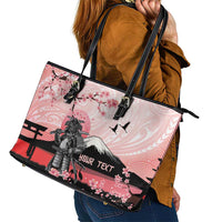 Personalised Japan Samurai Warrior Leather Tote Bag Japanese Cherry Blossom Polynesian Pattern - Polynesian Pride