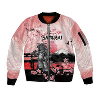 Personalised Japan Samurai Warrior Sleeve Zip Bomber Jacket Japanese Cherry Blossom Polynesian Pattern - Polynesian Pride