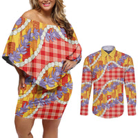 Hawaii Kahili Palaka Motifs Couples Matching Off Shoulder Short Dress and Long Sleeve Button Shirt Hawaiian Honohono Pikake Lei