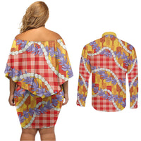 Hawaii Kahili Palaka Motifs Couples Matching Off Shoulder Short Dress and Long Sleeve Button Shirt Hawaiian Honohono Pikake Lei