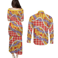 Hawaii Kahili Palaka Motifs Couples Matching Puletasi and Long Sleeve Button Shirt Hawaiian Honohono Pikake Lei LT14 - Polynesian Pride