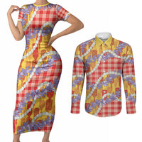 Hawaii Kahili Palaka Motifs Couples Matching Short Sleeve Bodycon Dress and Long Sleeve Button Shirt Hawaiian Honohono Pikake Lei LT14 Red - Polynesian Pride