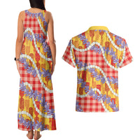 Hawaii Kahili Palaka Motifs Couples Matching Tank Maxi Dress and Hawaiian Shirt Hawaiian Honohono Pikake Lei