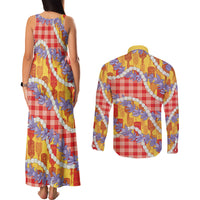 Hawaii Kahili Palaka Motifs Couples Matching Tank Maxi Dress and Long Sleeve Button Shirt Hawaiian Honohono Pikake Lei