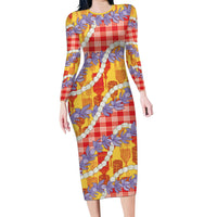 Hawaii Kahili Palaka Motifs Family Matching Long Sleeve Bodycon Dress and Hawaiian Shirt Hawaiian Honohono Pikake Lei
