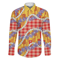 Hawaii Kahili Palaka Motifs Family Matching Off The Shoulder Long Sleeve Dress and Hawaiian Shirt Hawaiian Honohono Pikake Lei LT14 Daughter's Dress Red - Polynesian Pride