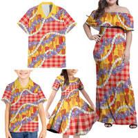 Hawaii Kahili Palaka Motifs Family Matching Off Shoulder Maxi Dress and Hawaiian Shirt Hawaiian Honohono Pikake Lei