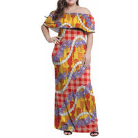 Hawaii Kahili Palaka Motifs Family Matching Off Shoulder Maxi Dress and Hawaiian Shirt Hawaiian Honohono Pikake Lei
