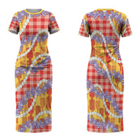 Hawaii Kahili Palaka Motifs Family Matching Short Sleeve Bodycon Dress and Hawaiian Shirt Hawaiian Honohono Pikake Lei LT14 Mom's Dress Red - Polynesian Pride