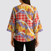 Hawaii Kahili Palaka Motifs Kimono Sleeve Blouse Hawaiian Honohono Pikake Lei
