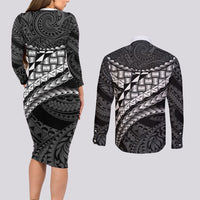 Hawaii Lauhala Tattoo Couples Matching Long Sleeve Bodycon Dress and Long Sleeve Button Shirt Hawaiian Hala Leaf Weaving LT14 - Polynesian Pride