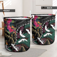 Hawaiian and Japanese Culture Laundry Basket Crane Sakura Hibiscus Tropical Vibes