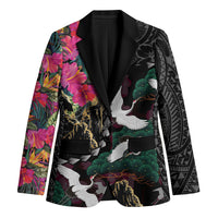 Hawaiian and Japanese Culture Blazer Crane Sakura Hibiscus Tropical Vibes