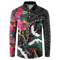 Hawaiian and Japanese Culture Button Sweatshirt Crane Sakura Hibiscus Tropical Vibes