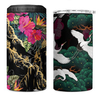 Hawaiian and Japanese Culture 4 in 1 Can Cooler Tumbler Crane Sakura Hibiscus Tropical Vibes