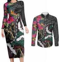 Hawaiian and Japanese Culture Couples Matching Long Sleeve Bodycon Dress and Long Sleeve Button Shirt Crane Sakura Hibiscus Tropical Vibes LT14 Black - Polynesian Pride