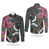 Hawaiian and Japanese Culture Couples Matching Long Sleeve Bodycon Dress and Long Sleeve Button Shirt Crane Sakura Hibiscus Tropical Vibes LT14 - Polynesian Pride