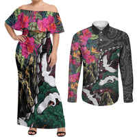 Hawaiian and Japanese Culture Couples Matching Off Shoulder Maxi Dress and Long Sleeve Button Shirt Crane Sakura Hibiscus Tropical Vibes LT14 Black - Polynesian Pride