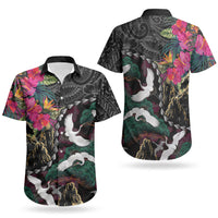 Hawaiian and Japanese Culture Couples Matching Off The Shoulder Long Sleeve Dress and Hawaiian Shirt Crane Sakura Hibiscus Tropical Vibes LT14 - Polynesian Pride