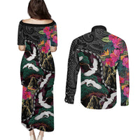 Hawaiian and Japanese Culture Couples Matching Puletasi and Long Sleeve Button Shirt Crane Sakura Hibiscus Tropical Vibes LT14 - Polynesian Pride
