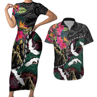 Hawaiian and Japanese Culture Couples Matching Short Sleeve Bodycon Dress and Hawaiian Shirt Crane Sakura Hibiscus Tropical Vibes