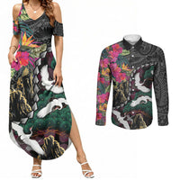 Hawaiian and Japanese Culture Couples Matching Summer Maxi Dress and Long Sleeve Button Shirt Crane Sakura Hibiscus Tropical Vibes LT14 Black - Polynesian Pride