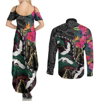 Hawaiian and Japanese Culture Couples Matching Summer Maxi Dress and Long Sleeve Button Shirt Crane Sakura Hibiscus Tropical Vibes LT14 - Polynesian Pride