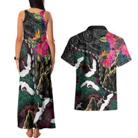 Hawaiian and Japanese Culture Couples Matching Tank Maxi Dress and Hawaiian Shirt Crane Sakura Hibiscus Tropical Vibes