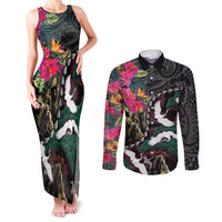 Hawaiian and Japanese Culture Couples Matching Tank Maxi Dress and Long Sleeve Button Shirt Crane Sakura Hibiscus Tropical Vibes LT14 Black - Polynesian Pride